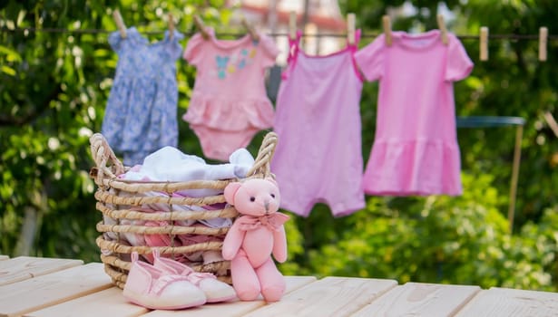 washing baby clothes. Linen dries in the fresh air. Selective focus. nature.
