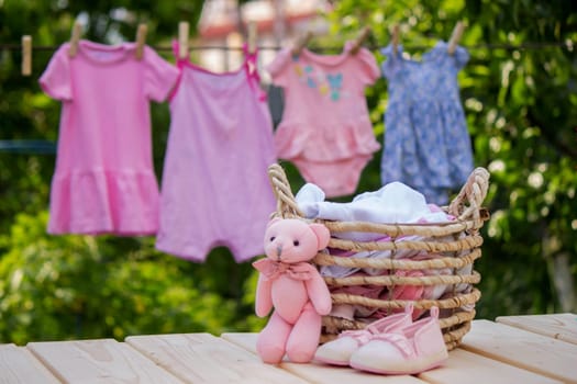 washing baby clothes. Linen dries in the fresh air. Selective focus. nature.