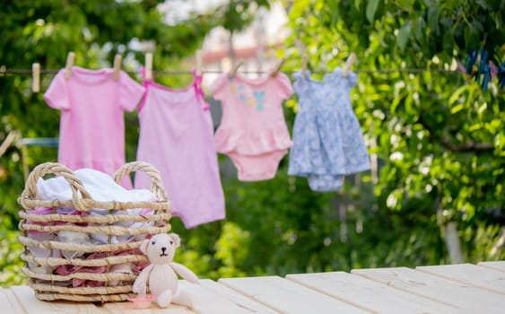 washing baby clothes. Linen dries in the fresh air. Selective focus. nature.