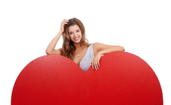 Portrait, heart and mockup with a woman on valentines day in studio isolated on a white background. Love, emoji and romance with a young female posing on blank space for dating or affection.