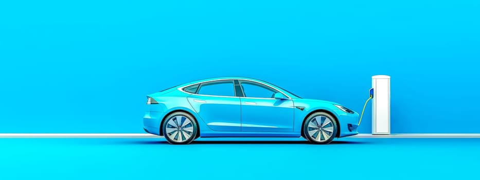 electric car charging, blue energy, banner with copy space, made with Generative AI. High quality illustration