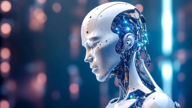 robot with artificial intelligence, banner, made with Generative AI. High quality illustration