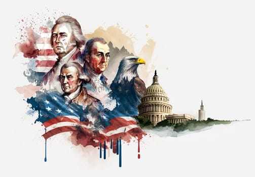 on a white background, a watercolor drawing of an American soldier, American figures who signed the declaration of independence and eagles on the background of flag. AI-generated Digital Art