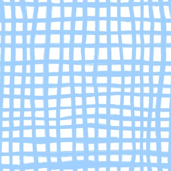 Hand drawn seamless pattern with blue plaid tartan on white background. Turquoise gingham tablecloth retro design, scottish modern abstract geometric print, cotton fashion blanekt flannel checkered checks