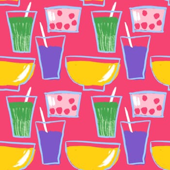 Hand drawn seamless pattern with plates bowls cups. Yellow purple green kitchenware on pink background, kitchen glassware, menu cooking container food luch, colorful design