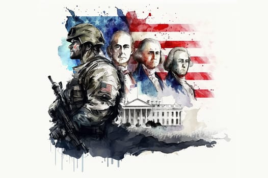 on a white background, a watercolor drawing of an American soldier, American figures who signed the declaration of independence and eagles on the background of flag. AI-generated Digital Art