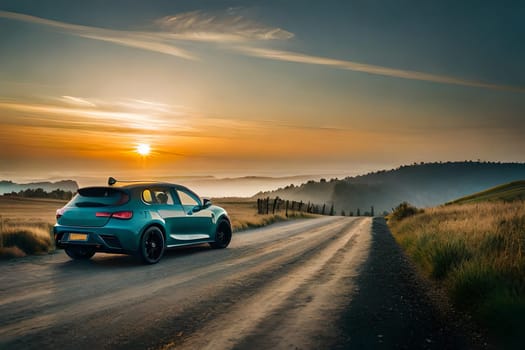 A blue car parked on a beach with a beach house in the background. A vintage car on a country road with a sunset in the background AI-generated Digital Art