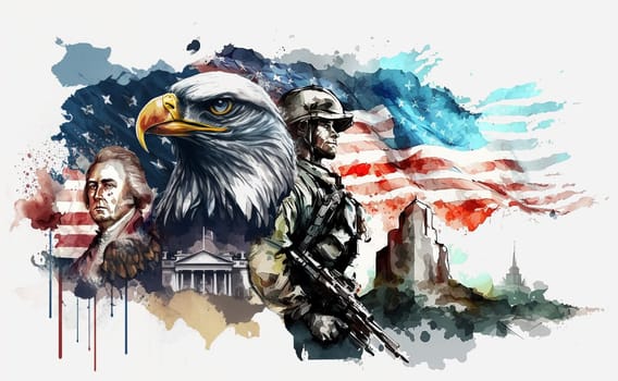 on a white background, a watercolor drawing of an American soldier, American figures who signed the declaration of independence and eagles on the background of flag. AI-generated Digital Art