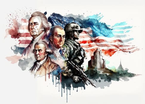 on a white background, a watercolor drawing of an American soldier, American figures who signed the declaration of independence and eagles on the background of flag. AI-generated Digital Art