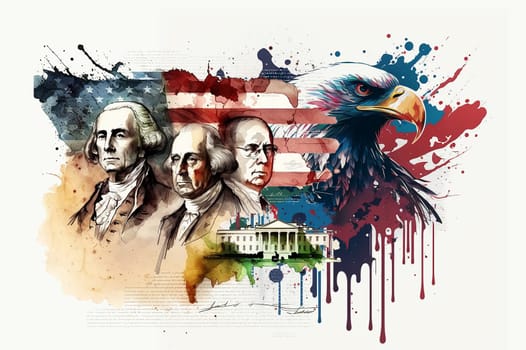 on a white background, a watercolor drawing of an American soldier, American figures who signed the declaration of independence and eagles on the background of flag. AI-generated Digital Art