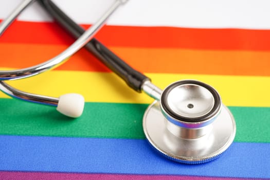 LGBT symbol, Stethoscope with rainbow ribbon, rights and gender equality, LGBT Pride Month in June.