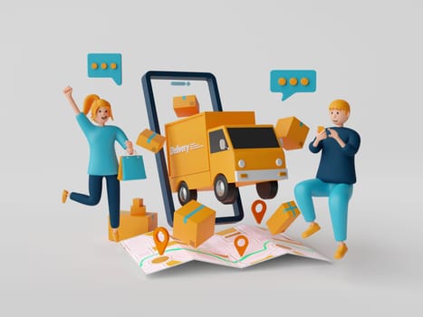 3d illustration of businessman character shopping online via application on smartphone with shopping item. Transportation shipment delivery by truck.