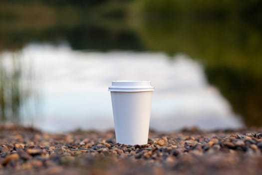 A white paper cup of coffee or tea stands on the rocky shore of the lake. A mug of hot drink on a pebble. Beautiful nature background of the lake in the forest behind. free copy space.