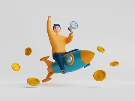 E-commerce concept, Businessman on rocket holding megaphone. Advertisement on social media make more earning, 3d illustration.