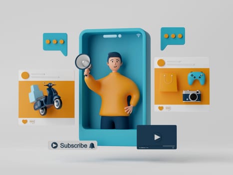 E-commerce concept, Shopping online advertisement on social media via smartphone, 3d illustration.