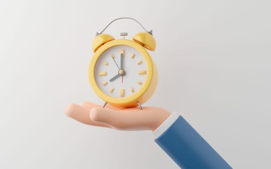 Hand of businessman holding a yellow alarm clock on white background, 3d illustration.