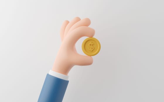 Hand of businessman holding a dollar coin on white background, 3d illustration.