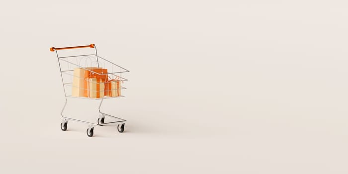 3d illustration of Shopping cart with gift box and shopping bag, banner of advertisement