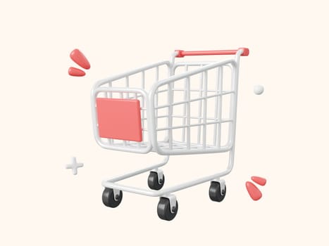 Shopping cart 3d cartoon icon isolated on white background, 3d illustration.