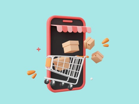 3d cartoon design illustration of Smartphone with shopping cart and parcel box, Shopping online on mobile concept.