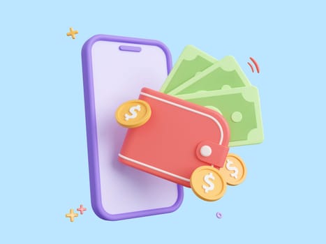 3d cartoon design illustration of Digital wallet and mobile banking application, Online payments, Transfer and saving money concept.