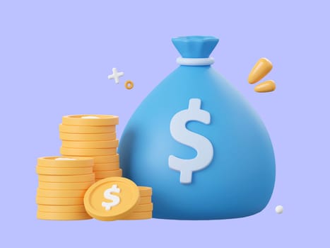3d cartoon design illustration of Money bag and dollar coin, Money savings concept.