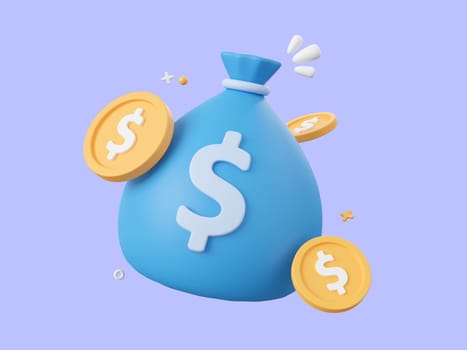 3d cartoon design illustration of Money bag and dollar coin, Money savings concept.