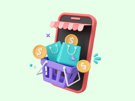 3d cartoon design illustration of Shop smartphone and shopping cart, shopping bags with discount tag, Shopping online on mobile concept.