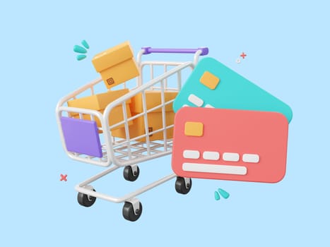 3d cartoon design illustration of Parcel boxes in shopping cart with credit cards, Shopping online and payments by credit card.