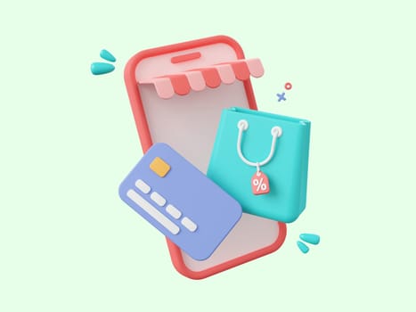 3d cartoon design illustration of Shop smartphone, shopping bags with discount tag and credit card, Shopping online and payments by credit card concept.