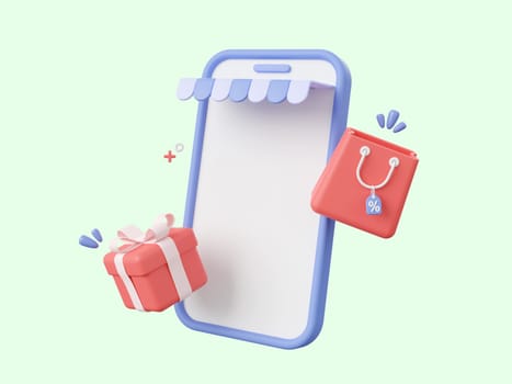 3d cartoon design illustration of Smartphone with shopping bag and gift box, Shopping online on mobile concept.