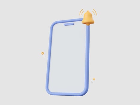 3d cartoon design illustration of Blank screen smartphone with bell, notifications on mobile.