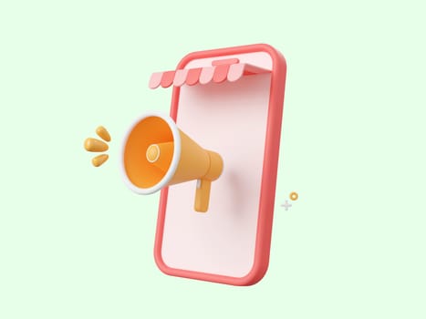 3d cartoon design illustration of Smartphone with megaphone for online shopping, discount coupon and special offer promotion.