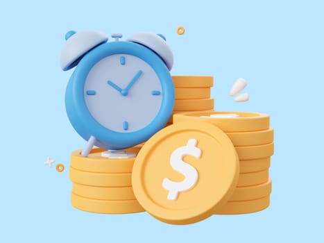 3d cartoon design illustration of alarm clock with dollar coin, Investment and savings concept.