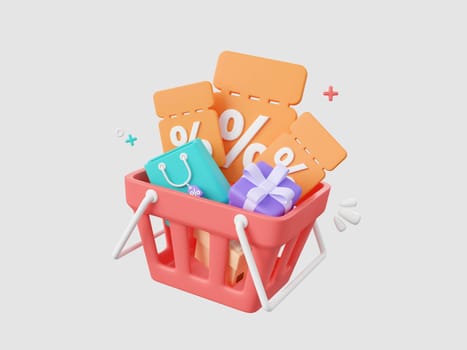 3d cartoon design illustration of Discount code with shopping bag, parcel box and gift box in shopping basket, Advertising marketing promotion concept.