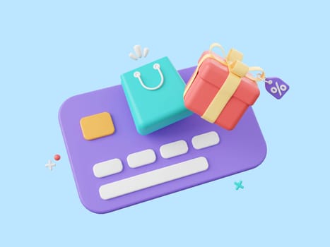 3d cartoon design illustration of Credit cards with shopping bag and gift box, Shopping online and payments by credit card.