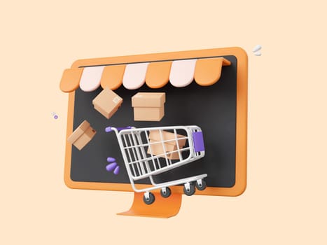 3d cartoon design illustration of Shop screen monitor with shopping cart and parcel box, Shopping online concept.