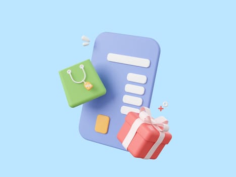 3d cartoon design illustration of Credit cards with shopping bag and gift box, Shopping online and payments by credit card.