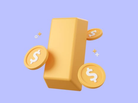 3d cartoon design illustration of Gold bar and coin icon isolated, Investment and money savings concept.