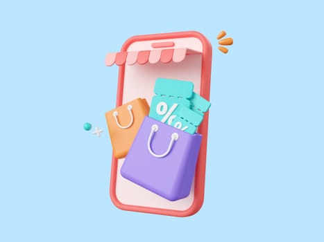 3d cartoon design illustration of Shop smartphone with discount code and shopping bag, Advertising marketing promotion concept.