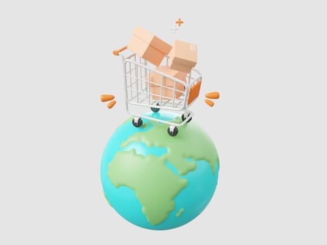 3d cartoon design illustration of Parcel boxes in shopping cart on globe, Global shopping and delivery service concept.