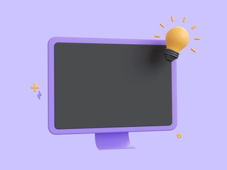 3d cartoon design illustration of Blank screen monitor with light bulb, Startup business idea concept.