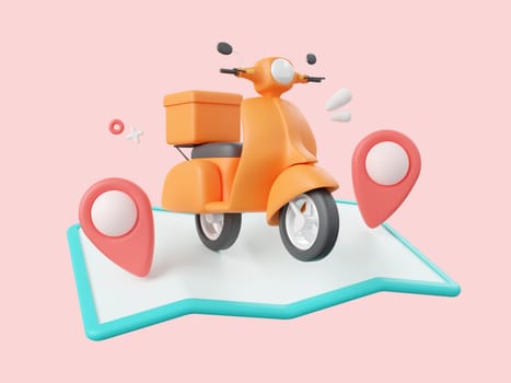3d cartoon design illustration of Delivery service, Scooter with pins on map.