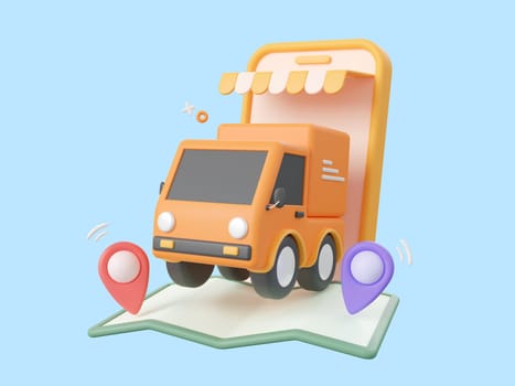 3d cartoon design illustration of Delivery service on mobile, Delivery truck with pins on map.