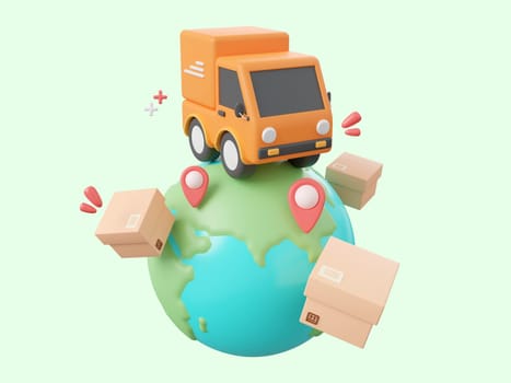 3d cartoon design illustration of Delivery truck shipping parcel boxes with pin on globe, Global shopping and delivery service concept.