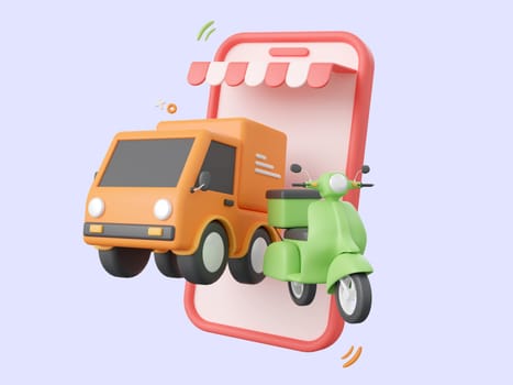 3d cartoon design illustration of Shopping online and delivery truck and scooter service on mobile.