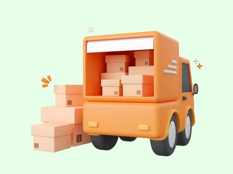 3d cartoon design illustration of Delivery truck service with parcel boxes.
