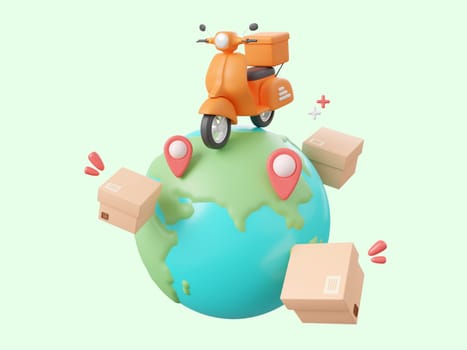 3d cartoon design illustration of Delivery scooter shipping parcel boxes with pin on globe, Global shopping and delivery service concept.