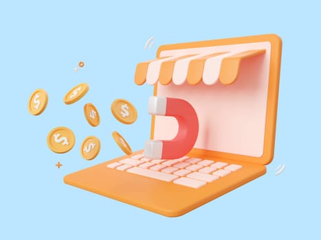 3d cartoon design illustration of Laptop store with magnet attracts gold coins.