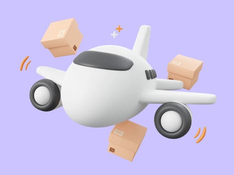 3d cartoon design illustration of Delivery airplane shipping parcel boxes, Global shopping and delivery service concept.